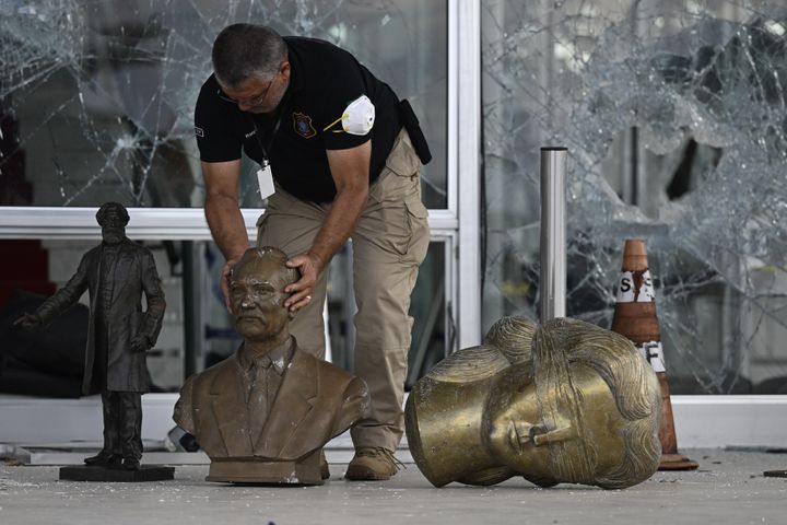 A statue's head is seen on the floor following the protests at the Supreme Court building in Brasilia, Brazil, on Jan. 10, 2023. 