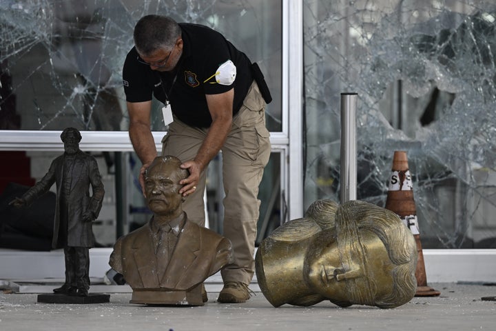 A statue's head is seen on the floor following the protests at the Supreme Court building in Brasilia, Brazil, on Jan. 10, 2023.