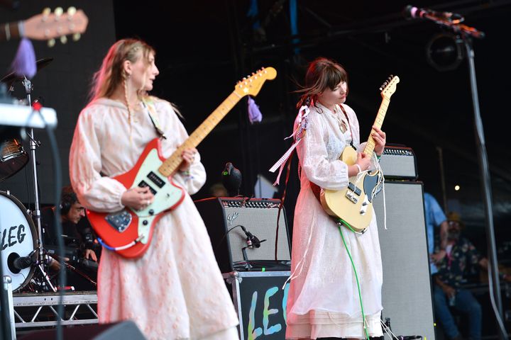 Wet Leg musicians Rhian Teasdale and Hester Chambers on stage at Glastonbury in 2022