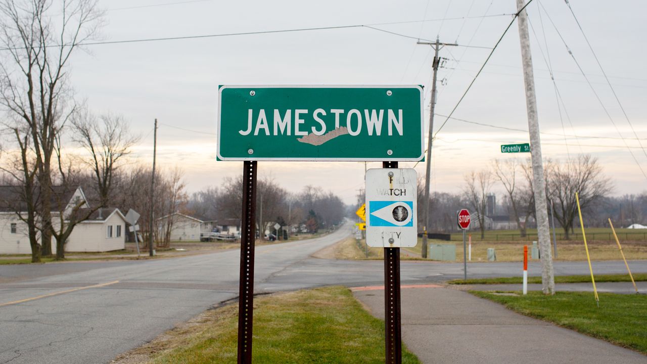 A township sign is seen in Jamestown, Michigan, on Wednesday, Jan. 11, 2023. Last year, residents voted to defund the Patmos Library following a push from conservatives to remove the book “Gender Queer” by Maia Kababe from the public library’s shelves.