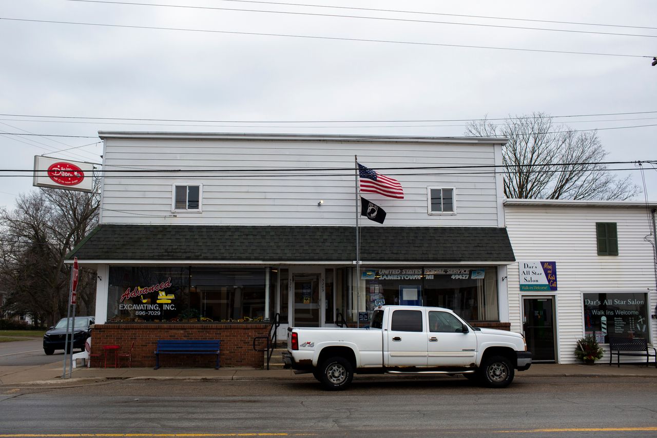 Local businesses and the Jamestown Post Office in Jamestown, Michigan.