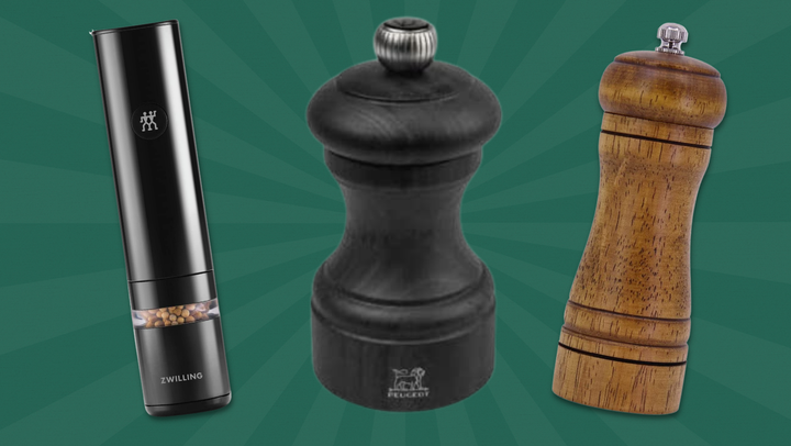 Zwilling's Enfinigy electric salt and pepper mill, a Peugeot bistro manual pepper mill and the Mincham wooden mill