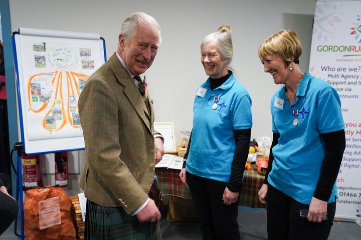 King Charlesvisits the Aboyne and Mid Deeside Community Shed in Aboyne, Aberdeenshire, to meet with local hardship support groups and tour the new facilities on Jan. 12.