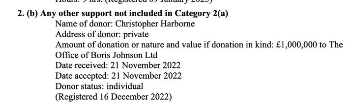 Donation entry in the MPs’ register of interests.