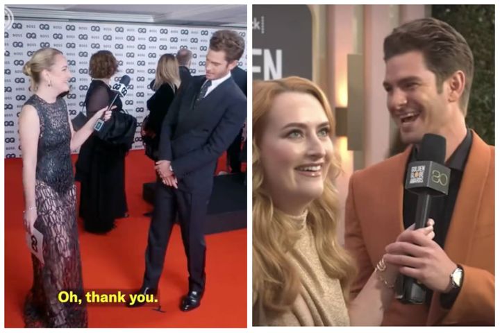 Amelia Dimoldenberg interviewing Andrew Garfield at two different events.