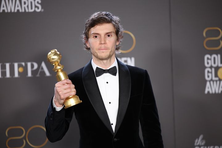 Evan Peters poses with the Best Actor in a Limited or Anthology Series or Television Film award for Dahmer – Monster: The Jeffrey Dahmer Story in the press room during the 80th Annual Golden Globe Awards at The Beverly Hilton on January 10, 2023 in Beverly Hills, California. (Photo by Daniele Venturelli/WireImage)