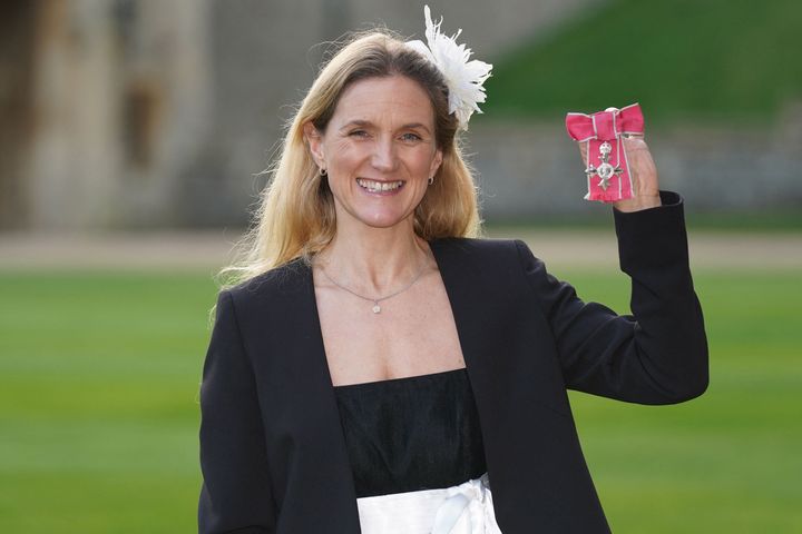 Kim Leadbeater poses with her medal after being appointed a Member of the Order of the British Empire (MBE).