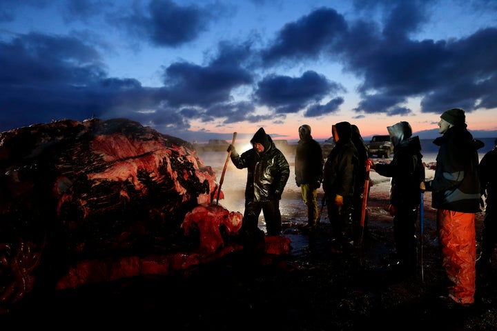 Fredrick Brower, center, helps cut up a bowhead whale caught by Inupiat subsistence hunters on a field near Barrow, Alaska, Oct. 7, 2014. After tidal surges and high winds from the remnants of a rare typhoon caused extensive flood damage to homes along Alaska's western coast in September, the U.S. government stepped in to help residents largely Alaska Natives repair property damage.