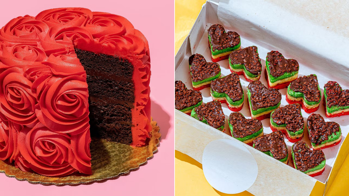 We Take the Cake's red rose chocolate cake and Chef Cat Cora's heart-shaped rainbow cookies