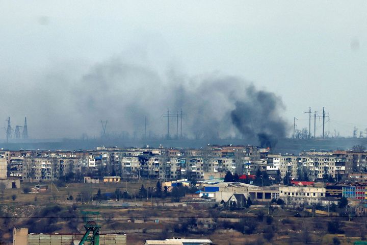 Smoke rises from strikes on Soledar, as seen from Bakhmut, Ukraine.