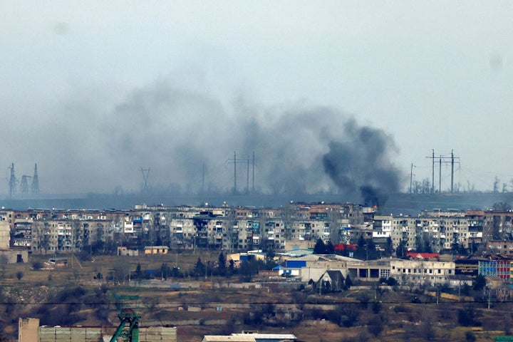 Smoke rises from strikes on Soledar, as seen from Bakhmut, Ukraine.