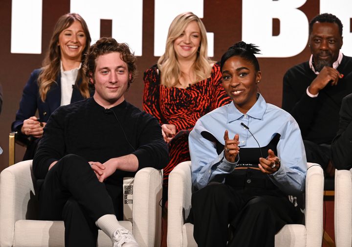 Jeremy Allen White, Ayo Edebiri, Courtney Storer, Abby Elliott and Edwin Lee Gibson attend the FX Networks Winter TCA 2023 Press Tour panel for "The Bear" on Thursday.