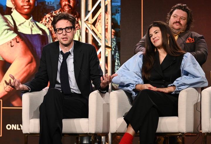 "The Bear" co-showrunners Christopher Storer and Joanna Calo at the FX Networks Winter TCA 2023 Press Tour panel for "The Bear" at the Langham Huntington Hotel in Pasadena, California, on Thursday.