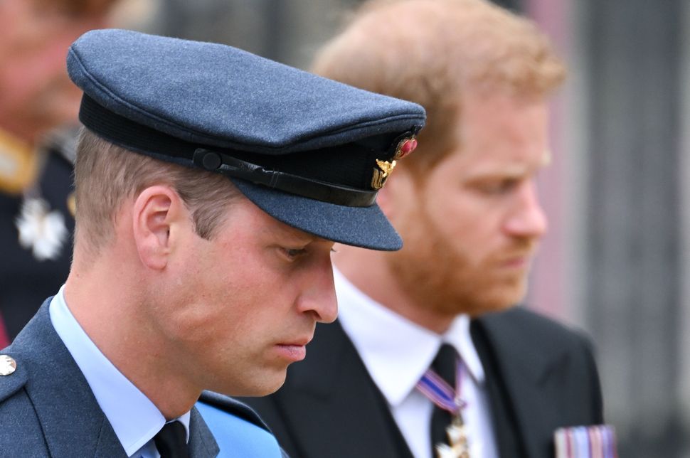 Prince William, Prince of Wales, and his brother, Harry, during the state funeral of their grandmother Queen Elizabeth II at Westminster Abbey on Sept. 19, 2022, in London.