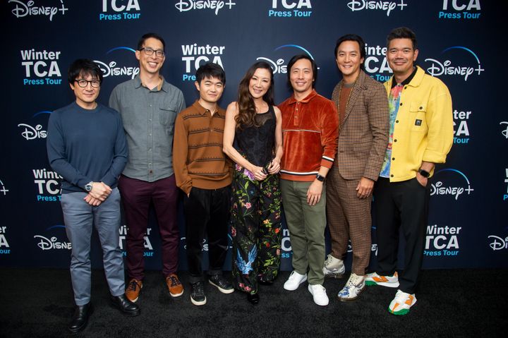 From left: actor Ke Huy Quan, author Gene Luen Yang, actor Ben Wang, actress Michelle Yeoh, showrunner Kelvin Yu, actor Daniel Wu and director Destin Daniel Cretton at the Winter TCA panel for Disney+ "American-born Chinese" in Pasadena, California on Friday 1st 13th, 2023.