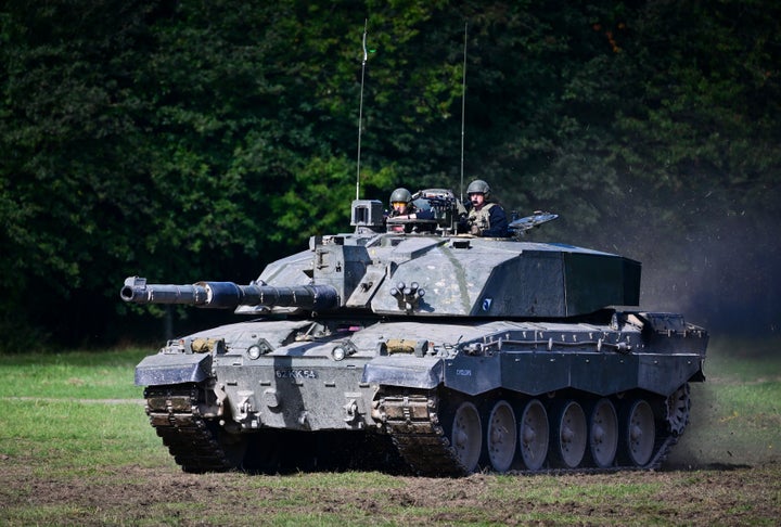 A Challenger 2 battle tank is displayed in Bulford, England, in September. 