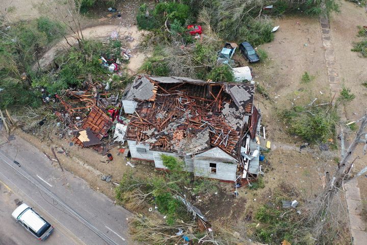 This image taken with a drone shows tornado damage, Friday, Jan. 13, 2023, in Selma, Alabama.