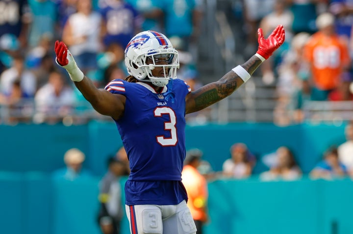 Buffalo Bills safety Damar Hamlin reacts during a Sept. 25 game against the Miami Dolphins in Florida.
