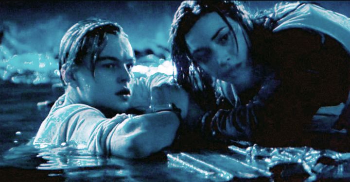 Leonardo DiCaprio as Jack and Kate Winslet as Rose after the Titanic has sunk.