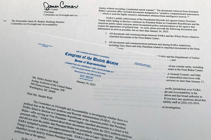 FILE - The letter from House Oversight Committee chairman Rep. James Comer, R-Ky., to Debra Steidel Wall, archivist of the United States, is photographed Tuesday, Jan. 10, 2023. Newly empowered House Republicans on Sunday demanded the White House turn over all information related to its searches that have uncovered classified documents at President Joe Biden’s home and former office in the wake of more records found at his Delaware residence. (AP Photo/Jon Elswick, File)