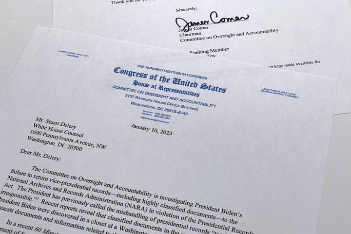 The letter from House Oversight Committee chairman Rep. James Comer, R-Ky., to White House Counsel Stuart Delery is photographed Tuesday, Jan. 10, 2023. The letter requested copies of the documents found at the Biden office, communications about the discovery, and a list of those who may have had access to the office where they were found. (AP Photo/Jon Elswick)