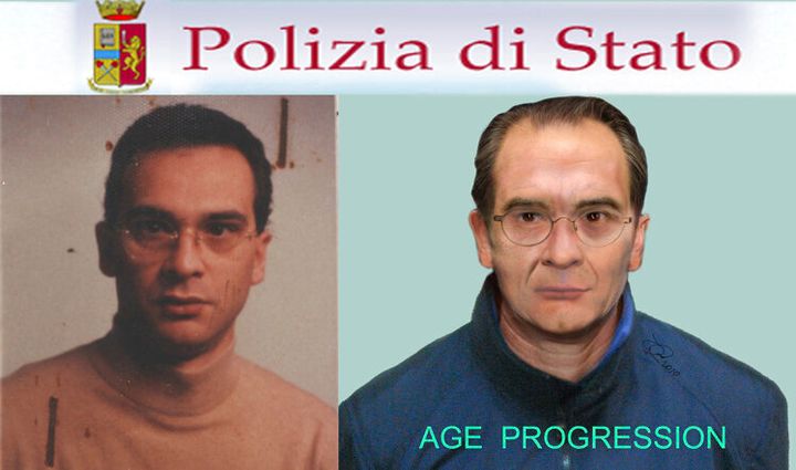 A composite picture showing a computer generated image released by the Italian Police, right, and a picture of Mafia top boss Matteo Messina Denaro.