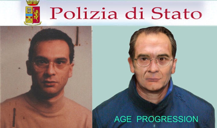 A composite picture showing a computer generated image released by the Italian Police, right, and a picture of Mafia top boss Matteo Messina Denaro.