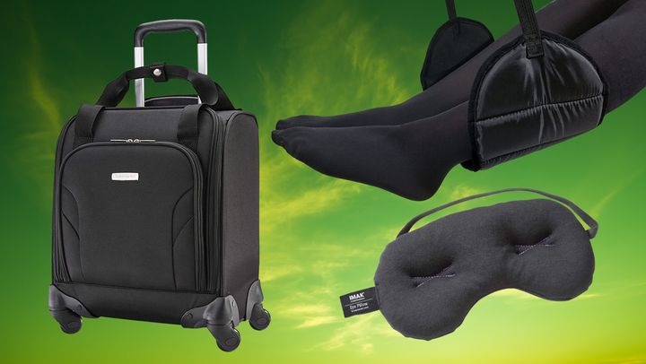 Super-compact suitcase, foot hammock, weighted eye mask