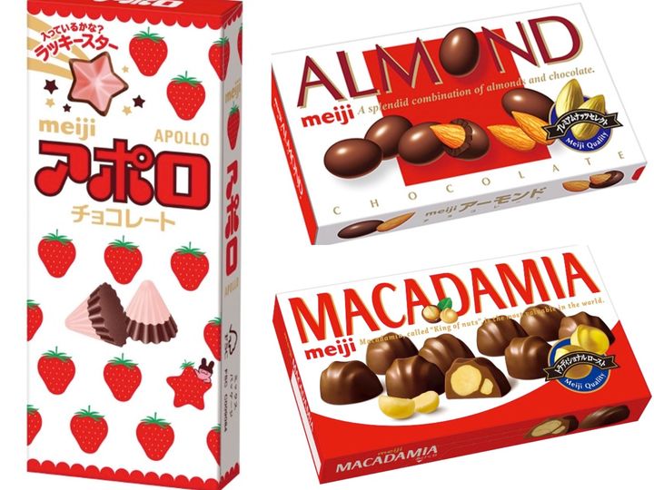 「アポロ」「アーモンドチョコレート」「マカダミアチョコレート」の現在のパッケージ