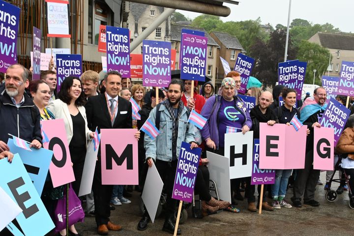Protesters demonstrate outside the Scottish Parliament for reform of the Gender Recognition Act.