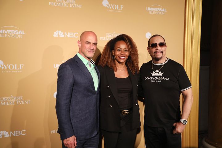 Chris Meloni, Universal Studio Group Chair Pearlena Igbokwe and Ice-T attend NBC's "Law & Order" season premiere on Sept.19, 2022, in New York City.