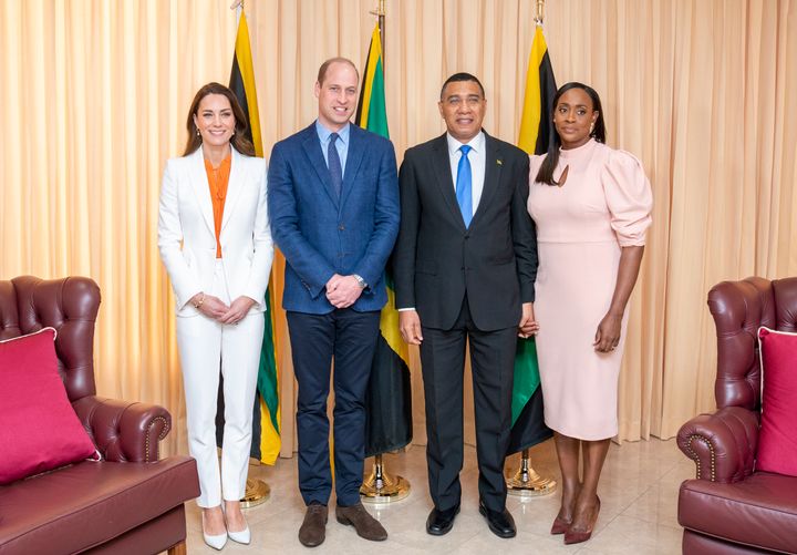 Prince William and Kate Middleton visit Holness at his office on March 23 in Kingston, Jamaica.