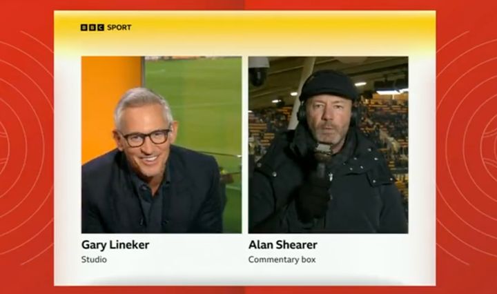 Gary Lineker trying to keep a straight face as he interview Alan Shearer.
