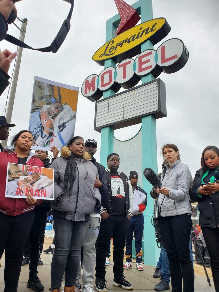 Family members of Nichols gather for a demonstration outside of the Lorraine Motel in Memphis following his death in police custody.