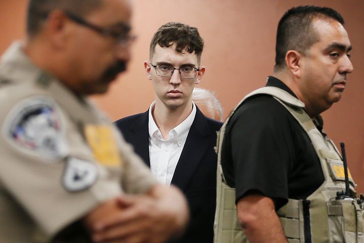 FILE - In the is Oct. 10, 2019 file photo, El Paso Walmart shooting suspect Patrick Crusius pleads not guilty during his arraignment in El Paso, Texas. Crusius, accused of killing 22 people at a Walmart Aug. 3, 2019 in Texas is expected to be reindicted Thursday, June 14, 2020 as he faces another murder charge in the mass shooting that targeted Mexicans, prosecutors said. (Briana Sanchez / El Paso Times via AP, Pool, File)
