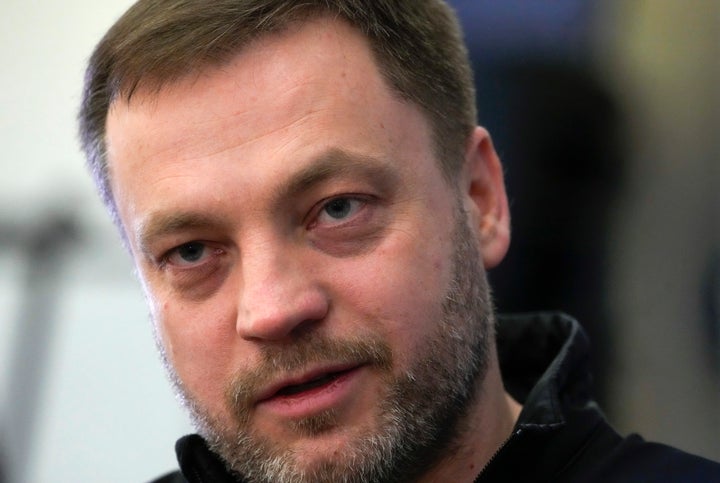Ukrainian Interior Minister Denys Monastyrskyi speaks during an interview with The Associated Press in Kyiv, Ukraine, on March 18, 2022.