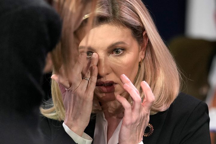First Lady of Ukraine Olena Zelenska reacts at the World Economic Forum in Davos, Switzerland after the news of a helicopter crash in Ukraine, where Minister of Internal Affairs Denys Monastyrsky died among others on Jan. 18, 2023. 
