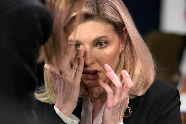 First Lady of Ukraine Olena Zelenska reacts at the World Economic Forum in Davos, Switzerland after the news of a helicopter crash in Ukraine, where Minister of Internal Affairs Denys Monastyrsky died among others on Jan. 18, 2023.