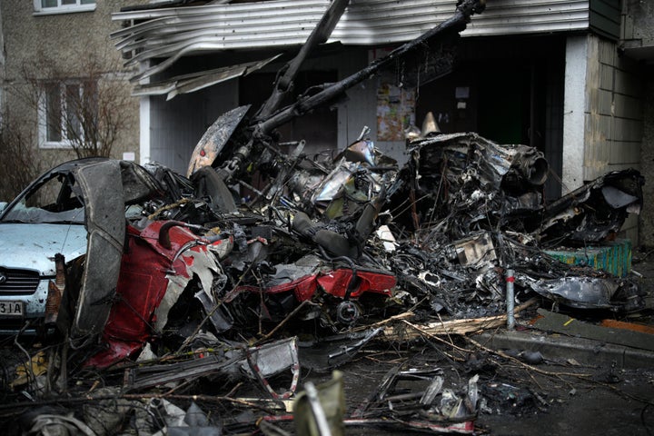 A view of the scene where a helicopter crashed on civil infrastructure in Brovary, on the outskirts of Kyiv, Ukraine, on Jan. 18, 2023. 