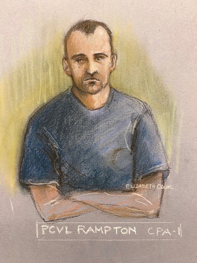 Court artist sketch by Elizabeth Cook of Metropolitan police officer David Carrick, appearing at Westminster Magistrates' Court, London