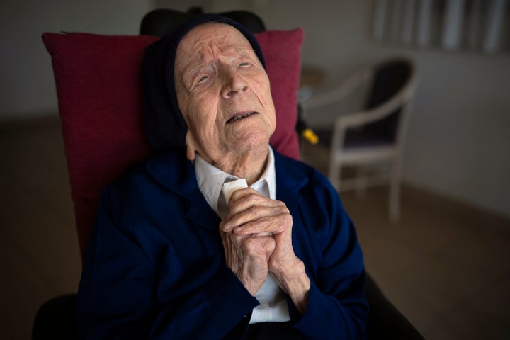 Lucile Randon, the French nun who was believed to be the world's oldest person, died at 118 in her sleep early Tuesday Jan.17, 2023. (AP Photo/Daniel Cole, File)