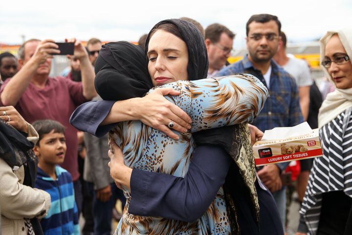 Ardern hugs a mosque-goer at the Kilbirnie Mosque on March 17, 2019
