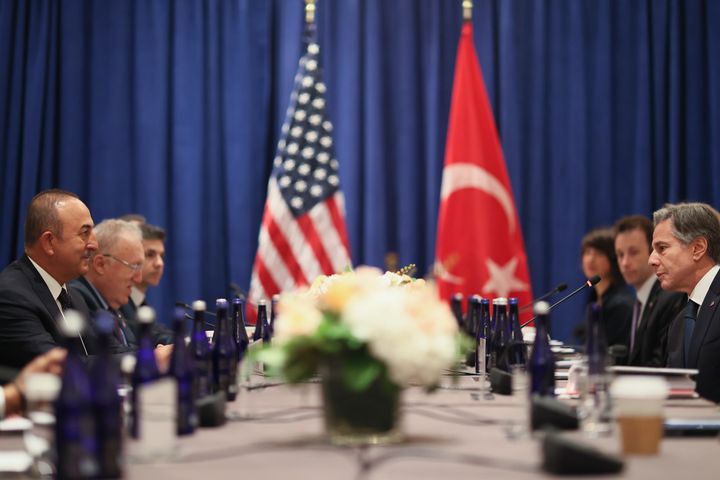 NEW YORK, USA - SEPTEMBER 20: Turkish Foreign Minister Mevlut Cavusoglu (L) meets with US Secretary of State Antony Blinken (R) in New York, United States on September 20, 2022. (Photo by Cem Ozdel/Anadolu Agency via Getty Images)
