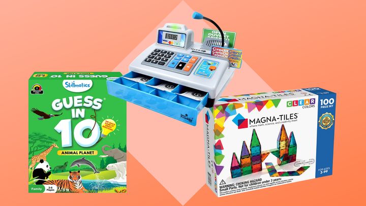 From left to right: Skillmatics card game, Ben Franklin Toys cash register, Magna-Tiles