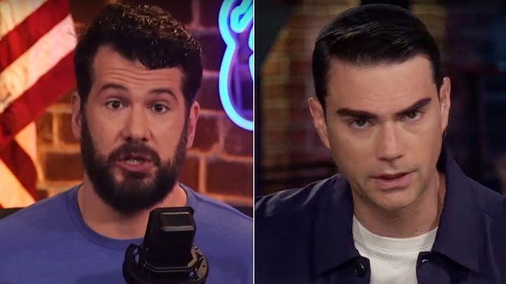 "There's no need to be enslaved like this!" said right-wing YouTuber Steven Crowder, left, over a $50 million offer from The Daily Wire, a conservative website co-founded by Ben Shapiro, right.