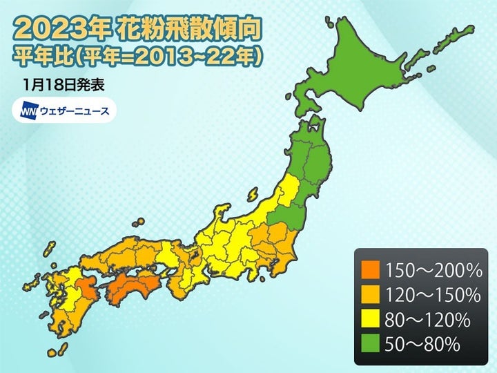 2023年の花粉飛散量（平年比）