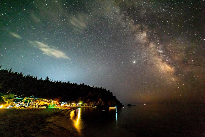 The Milky Way in the dark night sky with the illuminating stars, part of the galaxy that contains our Solar System as seen from a sandy beach in Halkidiki, Greece