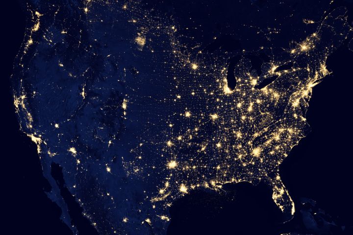 The US at night is a composite assembled from data acquired by the Suomi NPP satellite in April and October 2012.