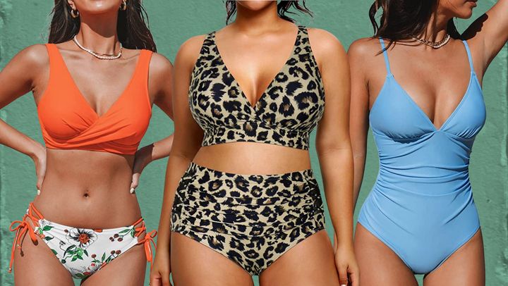 A lace up bikini, plus-size two piece, and a one-piece with tummy control.