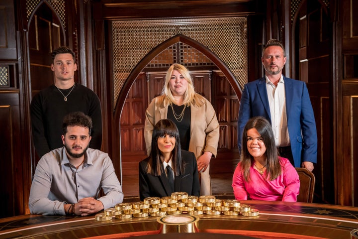 Traitor finalists (clockwise from top) Aaron, Hannah, Kieran, Meryl and Wilfred with host Claudia Winkleman (front center).
